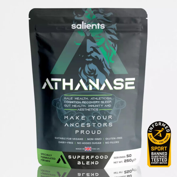 ATHANASE Men's Super Greens Powder packaging with superfood blend details.