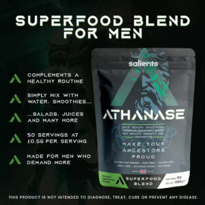Packaging of ATHANASE Men's Super Greens Powder with nutritional information.