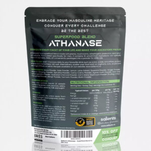 Back of ATHANASE Men's Super Greens Powder packaging with ingredients and nutritional information.