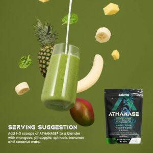 Smoothie made with ATHANASE Super Greens Powder and fresh fruits.