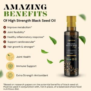 Bottle of organic cold-pressed black seed oil with benefits listed.