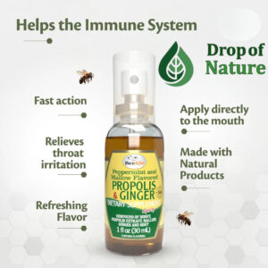 Bottle of Brazilian Propolis Throat Spray with honey and ginger flavor