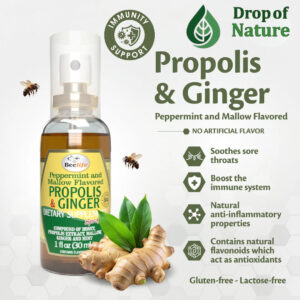 Bottle of Brazilian Propolis Throat Spray with ginger and peppermint flavor