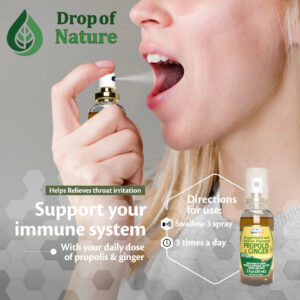Person using Brazilian Propolis Throat Spray with Honey and Ginger.