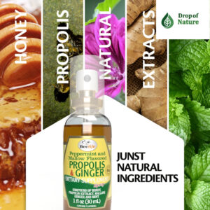 Bottle of Brazilian Propolis Throat Spray with honey and ginger flavor.