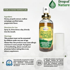 Bottle of Brazilian Propolis Throat Spray with honey and ginger flavor.