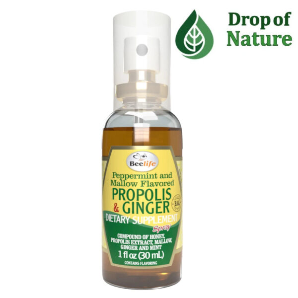 Bottle of Brazilian Propolis Throat Spray with honey and ginger flavor.