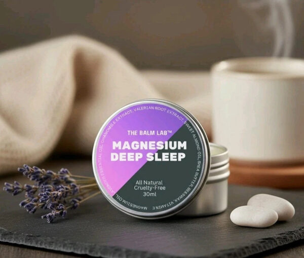 Magnesium Deep Sleep Balm in a tin with lavender and stones