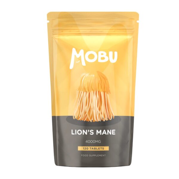 Pack of Lion's Mane 4000mg vegan tablets in a yellow pouch.