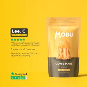 Lion's Mane 4000mg supplement packaging with customer review.