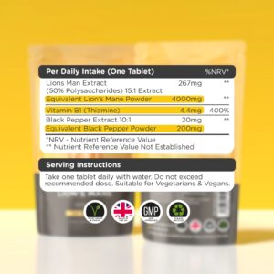 Label of Lion's Mane 4000mg tablets with Vitamin B1 and Black Pepper.