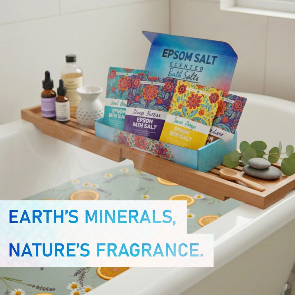 Epsom bath salt set with various fragrance packs displayed on a bath tray.