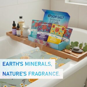 Epsom bath salt set with various fragrance packs displayed on a bath tray.