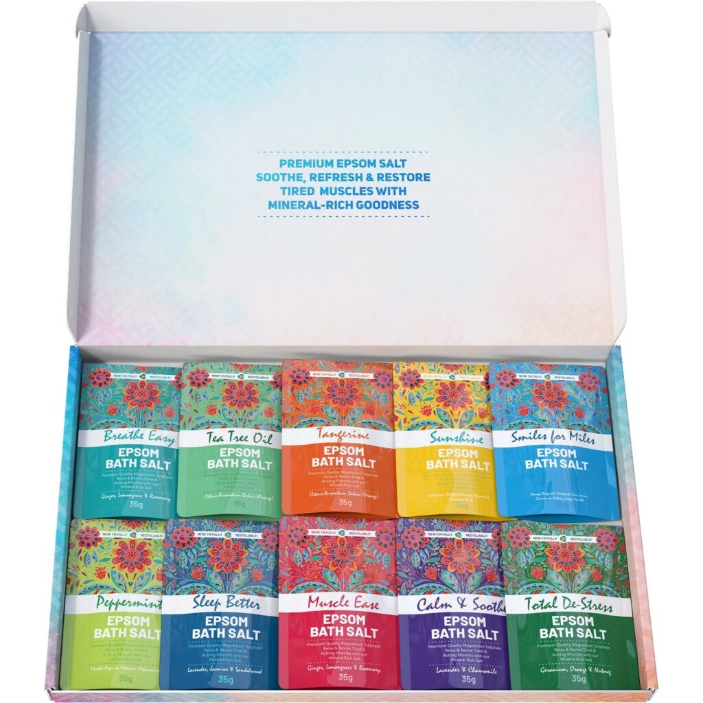 Open box containing 10 fragrance packs of Epsom bath salts.