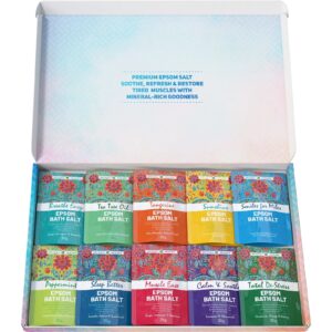 Open box containing 10 fragrance packs of Epsom bath salts.