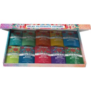Epsom bath salt set with 10 fragrance packs displayed in a colorful box.