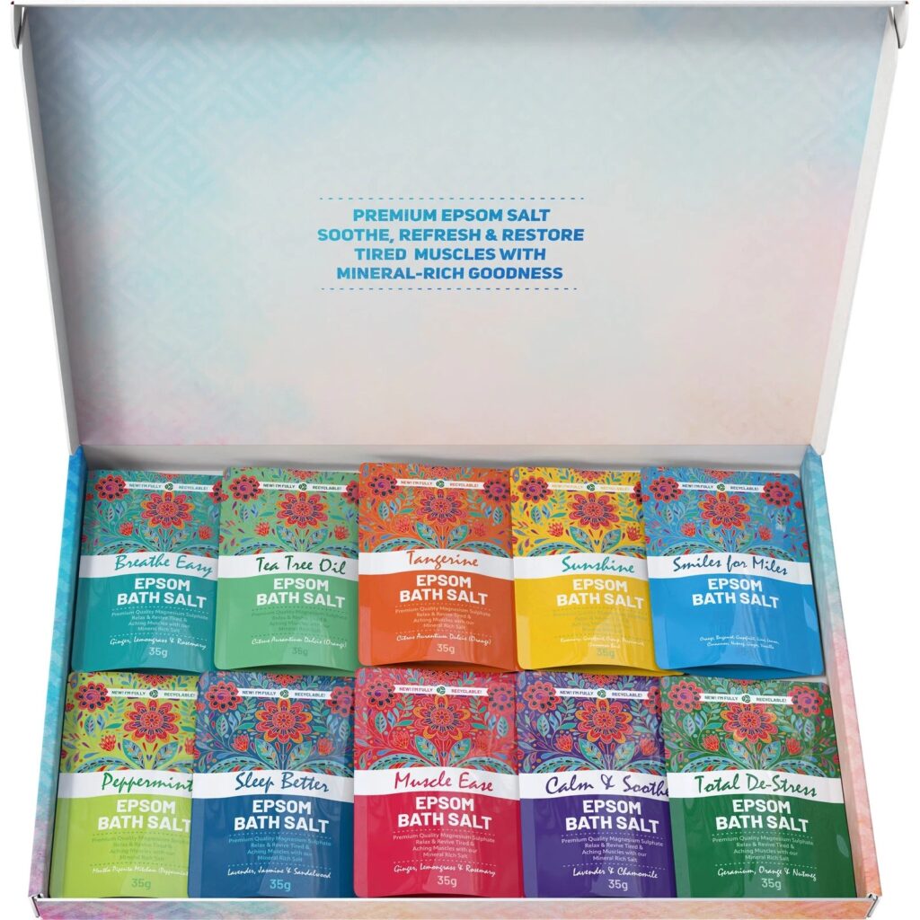 Epsom bath salt set with 10 fragrance packs in a colorful box.