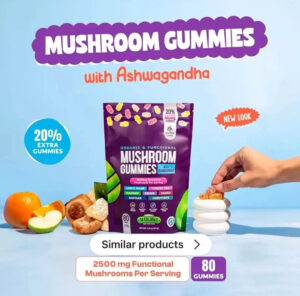 Mushroom gummies packaging with fruits and gummies on display.
