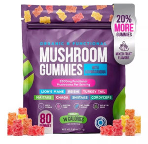 Package of Mushroom Complex Gummies with assorted fruit-flavored gummies.
