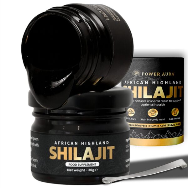 Jar of African Highland Shilajit resin with spoon