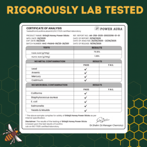Certificate of analysis for Shilajit Honey Power Sticks.