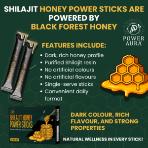 Packaging of Shilajit Honey Power Sticks with honeycomb illustration