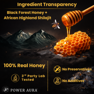 Shilajit Honey Power Sticks product image with honey and shilajit.