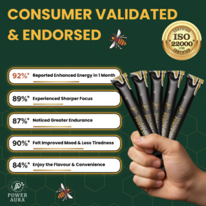 Hand holding Shilajit Honey Power Sticks with benefits listed