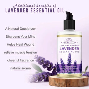 50ml pump bottle of pure lavender essential oil with lavender flowers