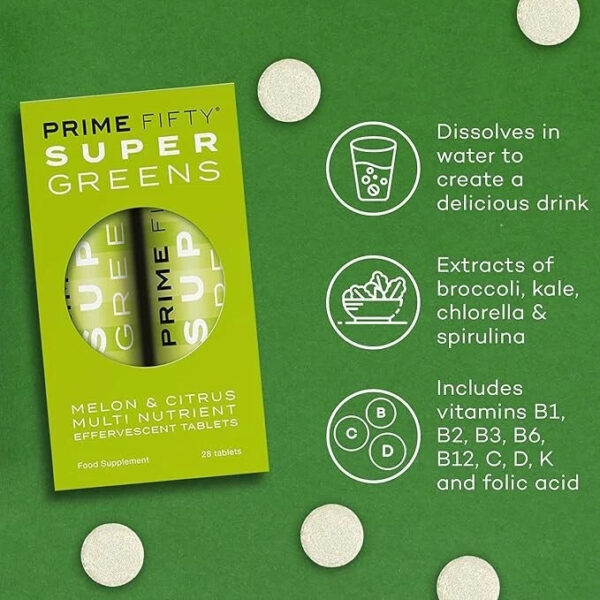 Packaging of Prime Fifty Super Greens effervescent tablets