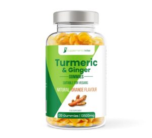 Bottle of turmeric and ginger gummies with orange flavor.