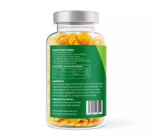 Bottle of Turmeric & Ginger Gummies with nutritional information.