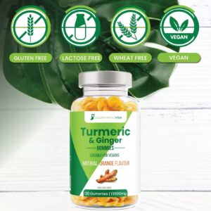 Bottle of Turmeric & Ginger Gummies with vegan labels.