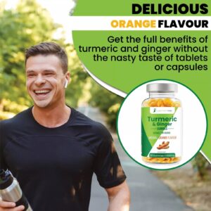Bottle of Turmeric & Ginger Gummies with a smiling man outdoors