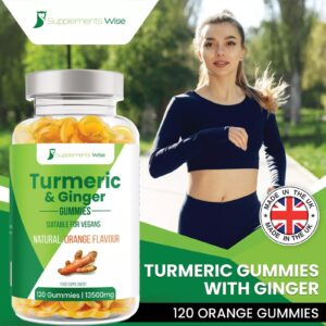Bottle of Turmeric & Ginger Gummies with a woman jogging in the background
