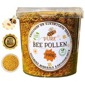 Container of 700g pure bee pollen with natural ingredients.
