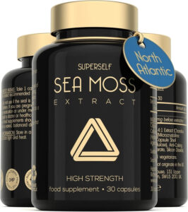 Bottle of Irish Sea Moss capsules with label details