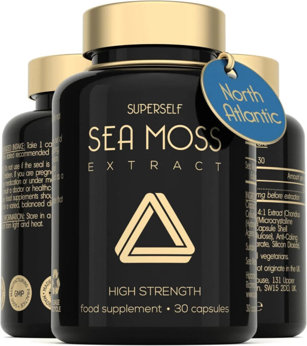 Bottle of Irish Sea Moss capsules with label details