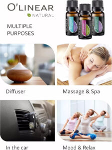 Essential oils set with various uses including diffuser and massage.