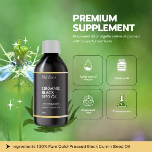 Bottle of organic black seed oil with green background and nutrient highlights.