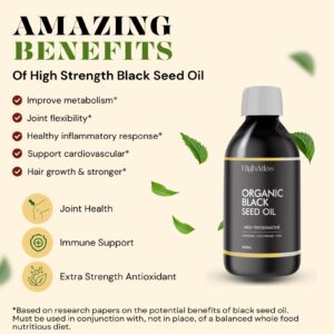 Bottle of organic black seed oil with benefits listed