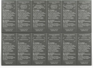 Twelve 10ml bottles of essential oils with ingredient labels.
