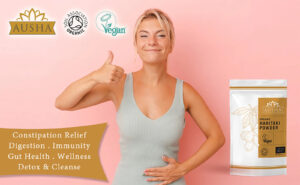 Organic Haritaki Powder package with a woman showing a thumbs up
