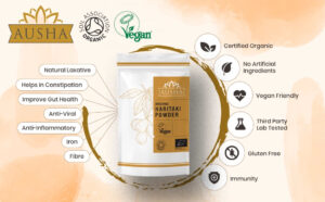 Package of Organic Haritaki Powder with health benefits listed.