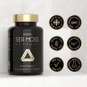 Bottle of Irish Sea Moss capsules with certifications