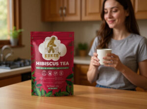 Package of Hibiscus Tea with a woman holding a cup in a kitchen setting.