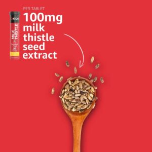 Milk thistle seeds in a wooden spoon with effervescent tablet packaging.