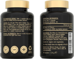 Bottle of Irish Sea Moss Capsules with nutritional information.