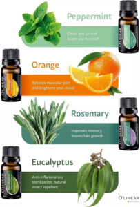 Essential oils with labels and benefits displayed.