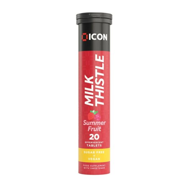 Container of Milk Thistle effervescent tablets in summer fruit flavor.